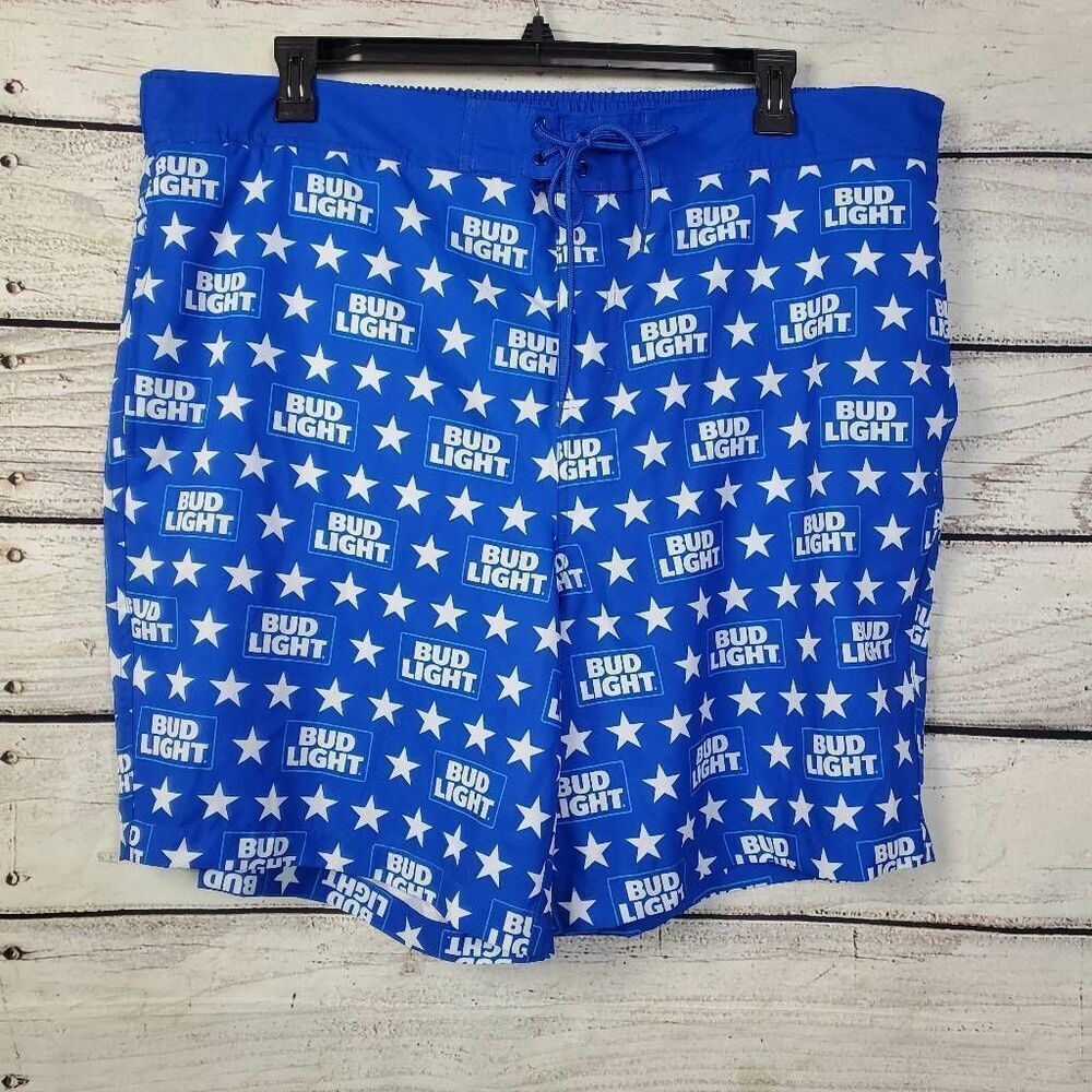 Bud Light Men's Swim Trunks Blue Star Logo Board Shorts 2XL 44/46 Lined Drawstri